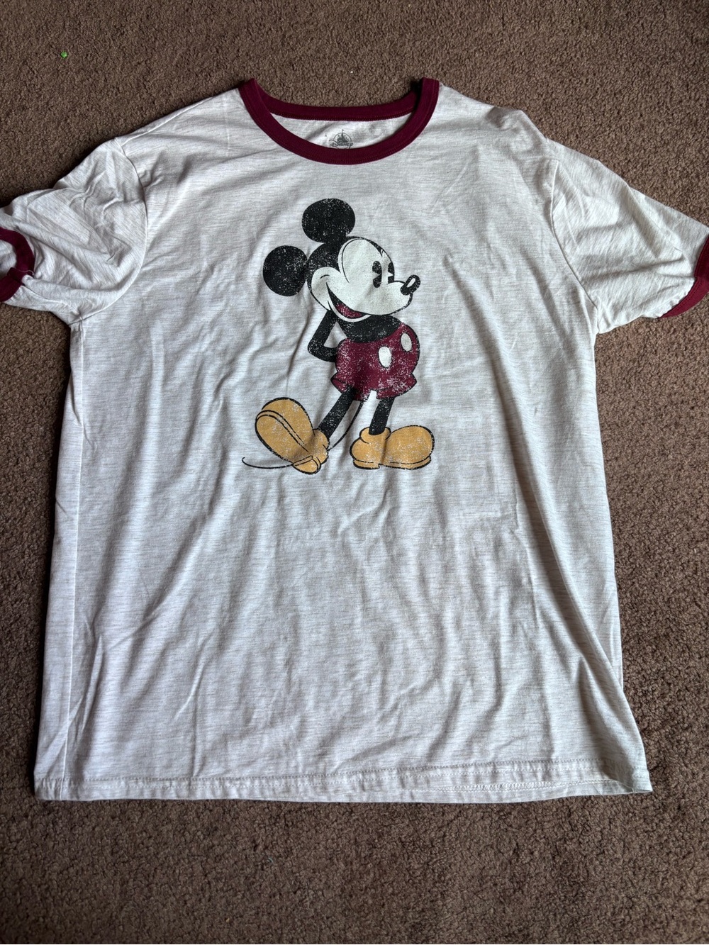 Disney White Ringer Tee with Maroon Trim and Vintage Mickey Graphic